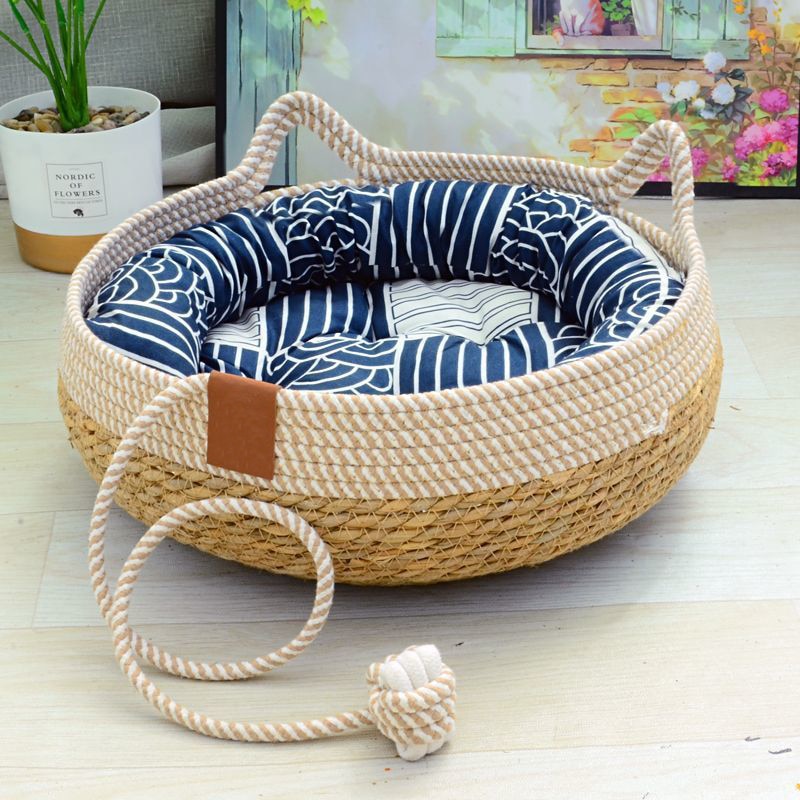 Boho Wicker Basket Cat Bed