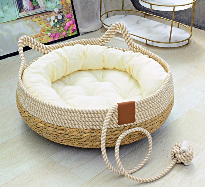 Boho Wicker Basket Cat Bed